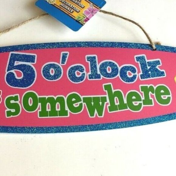 IT'S 5 O'CLOCK SOMEWHERE Hibiscus Wood Sign Luau Tiki Bar Wall Island Decoration - Picture 5 of 11